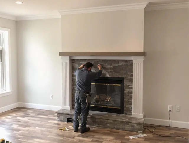 Rialto Chimney Sweep finishing a custom fireplace install in Rialto, CA